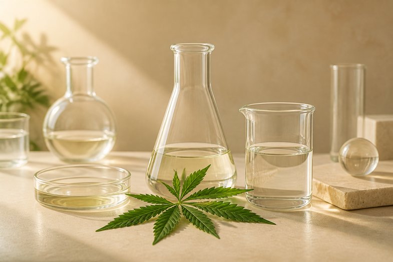 Material de vidrio de laboratorio (matraz, vaso) y una hoja de cáñamo sobre superficie crema, en un bodegón de investigación