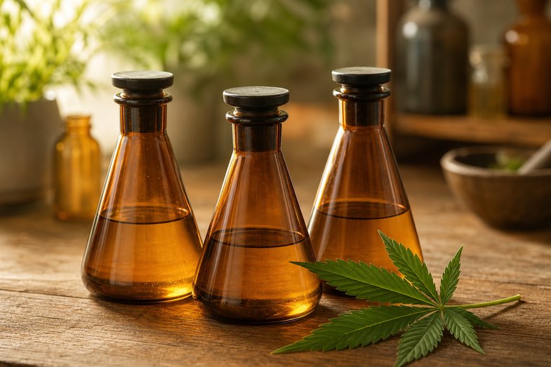 metabolismo-hepatico-cyp450-corticoides-cannabinoides Matraces Erlenmeyer de vidrio ámbar con líquido y una hoja de cáñamo sobre una mesa de laboratorio, en alusión a la bioquímica del metabolismo hepático