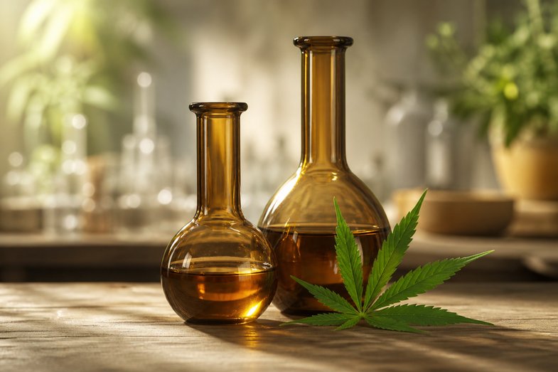 metabolismo-thc-higado-tejido-adiposo-cinetica Matraces de vidrio ámbar de laboratorio con líquido y una hoja de cáñamo sobre una mesa de madera, en alusión a la bioquímica del metabolismo del THC