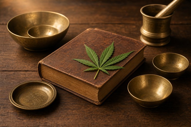 cannabis-cultural-heritage-bhang-majoun-libro-botanico Libro antiguo cerrado, una hoja verde de cáñamo y cuencos de latón sobre madera, en un bodegón cultural de archivo con luz cálida