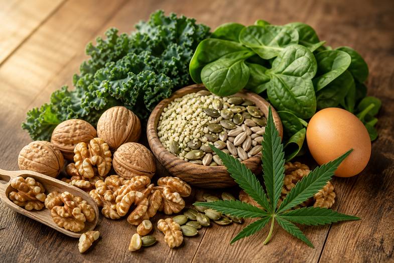 nutrientes-alimentos-sistema-nervioso Frutos secos, semillas y hojas verdes junto a una hoja de cáñamo sobre una mesa de madera, en alusión a los nutrientes presentes en los alimentos
