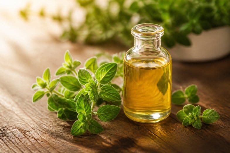 Ramitas frescas de orégano junto a un frasco de aceite esencial dorado sobre una mesa de madera, en alusión a los compuestos aromáticos del orégano