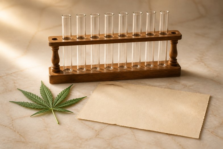 Gradilla de madera con tubos de ensayo de vidrio vacios junto a una hoja de canamo y un papel crema en blanco sobre marmol claro en un bodegon de laboratorio