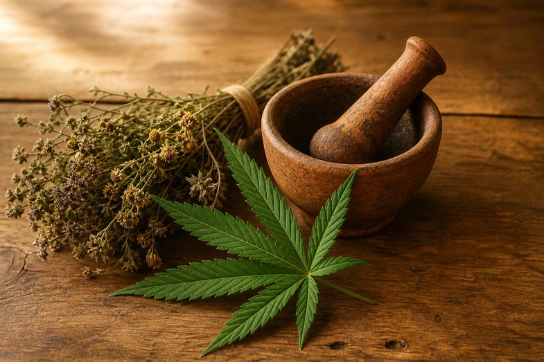 plantas-herboristeria-tradicional-mortero Manojo de hierbas secas junto a un mortero de barro y una hoja de cáñamo sobre una mesa de madera, en alusión a la herboristería tradicional