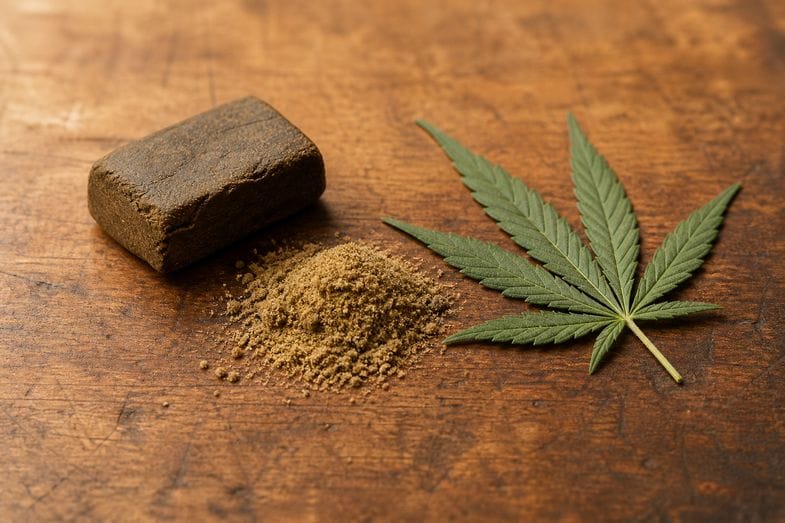 Bloque de hachís CBD y polvo de kief sobre una superficie de madera, en alusión al polen y los derivados de cáñamo legales