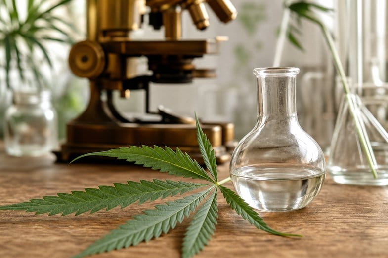 investigacion-preclinica-cannabinoides-laboratorio Microscopio de latón vintage, una hoja de cannabis sativa y un matraz de laboratorio con líquido sobre una mesa de madera, en alusión a la investigación preclínica