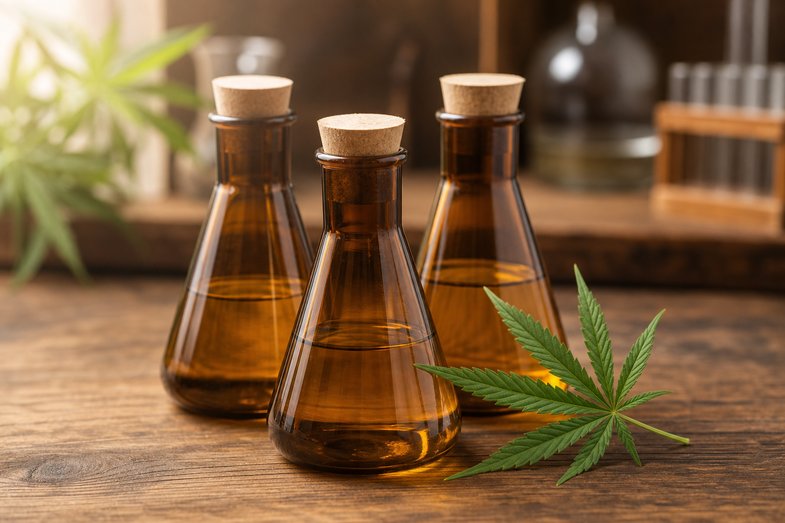 Matraces Erlenmeyer de vidrio ámbar con líquido y una hoja de cáñamo sobre una mesa de laboratorio, en alusión a la investigación sobre cannabinoides