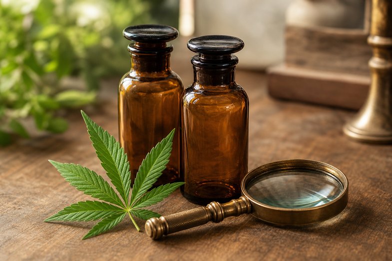 Frascos de vidrio ámbar de laboratorio, una hoja de cáñamo y una lupa de latón sobre una mesa de madera, en alusión a la investigación neurocientífica