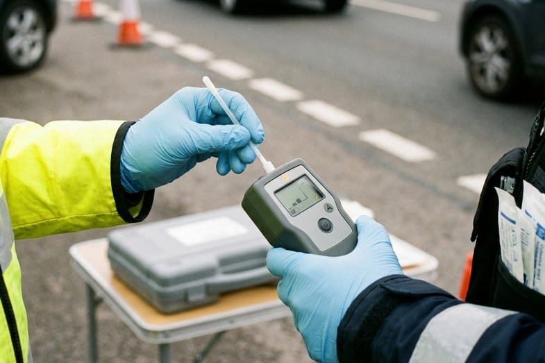 Dispositivo portátil de test de saliva con hisopo bucal manejado por agentes con guantes azules en un control de tráfico, control de drogas en carretera
