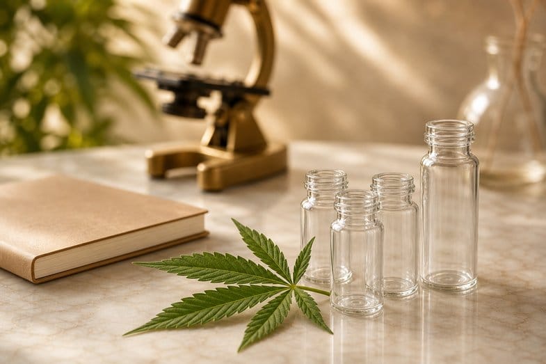 thc-laboratorio-investigacion-microscopio Microscopio de latón desenfocado, viales de vidrio vacíos y una hoja de cáñamo sobre mármol claro junto a un cuaderno en blanco, en un bodegón de laboratorio