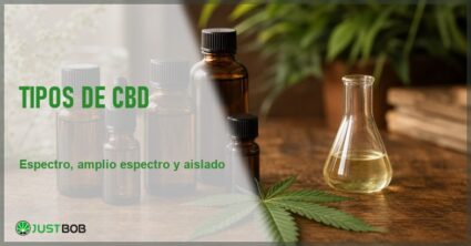 Frascos de aceite de CBD de distintas concentraciones junto a una hoja de cáñamo y material de laboratorio sobre una mesa de madera