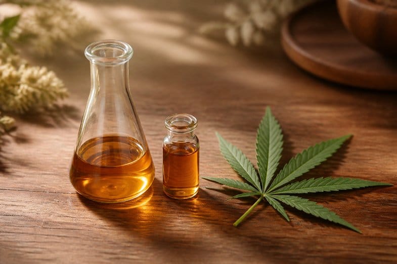 Material de laboratorio de vidrio con líquido ámbar y una hoja de cáñamo sobre una mesa, en alusión a la extracción y el análisis del aceite de CBD