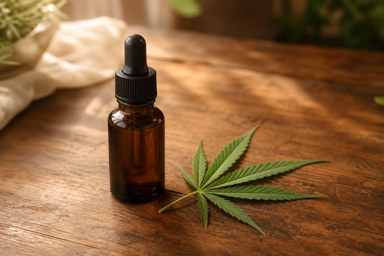 Frasco cuentagotas de aceite de CBD de color ámbar junto a una hoja de cáñamo sobre una superficie de madera, ilustrando la concentración de CBD