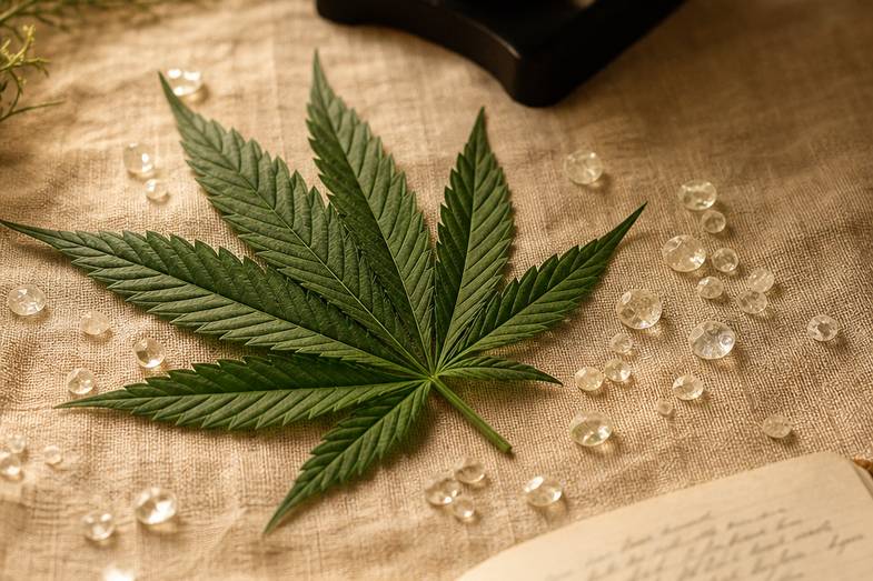 Imagen editorial documental sobre los tricomas glandulares de la planta de cannabis y la biosíntesis del THC en laboratorio según la literatura botánica europea
