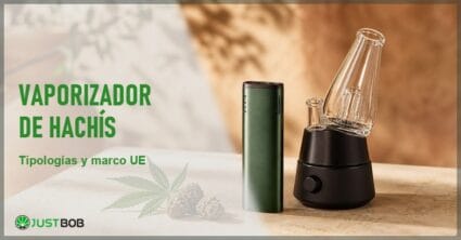Bodegón fotográfico de producto con un vaporizador portátil y una unidad de sobremesa de cámara de vidrio junto a una hoja de cáñamo y cogollos