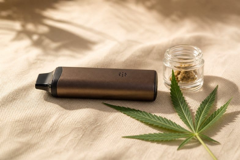 Vaporizador portátil moderno sobre tela de lino color crema junto a una hoja de cáñamo y un tarro de vidrio, en fotografía de producto editorial