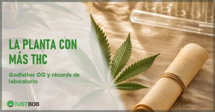 Banner editorial sobre las variedades de cannabis con alto contenido de THC, la genética del récord Godfather OG y la literatura científica botánica europea