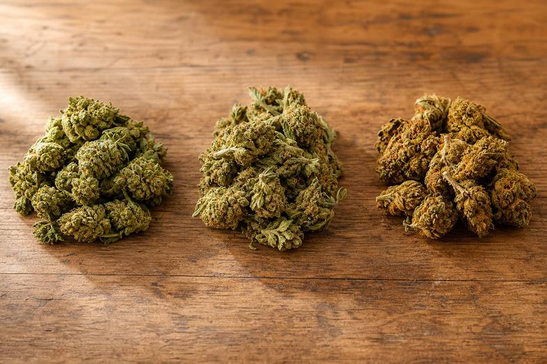 Tres grupos de cogollos de flores de cáñamo CBD secas sobre una mesa de madera, en alusión a las modalidades de cultivo indoor, outdoor y greenhouse