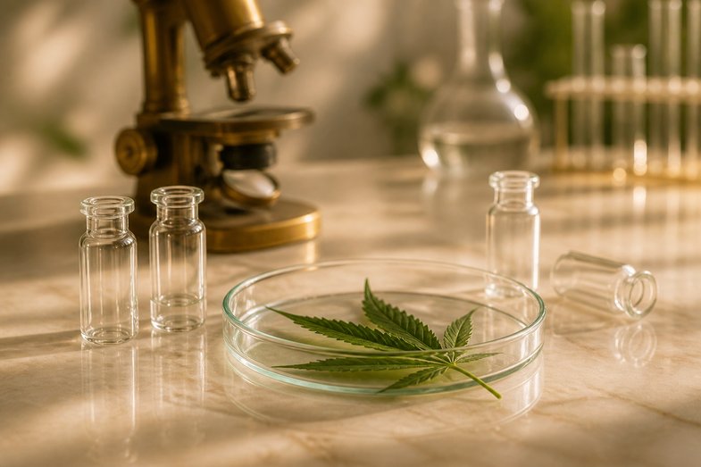 vasculatura-cannabinoides-efectos-vasoactivos-investigacion Microscopio de latón, viales de vidrio y placa de Petri junto a una hoja de cáñamo sobre mármol crema en un bodegón de investigación científica