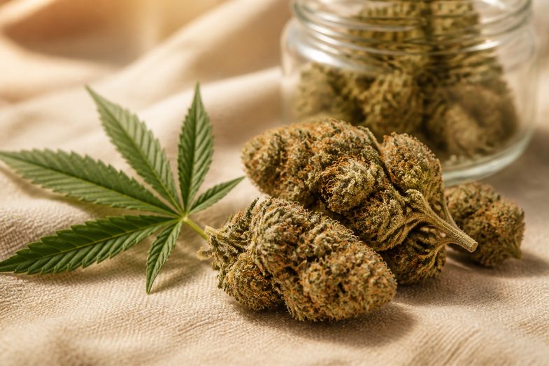Cogollos secos de cáñamo industrial con tricomas visibles y una hoja verde de cáñamo sobre lino crema, con un tarro de vidrio desenfocado al fondo