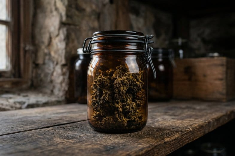 Frasco de vidrio ámbar hermético con flores secas de cáñamo CBD sobre tabla de madera rústica en lugar fresco y oscuro para conservación adecuada