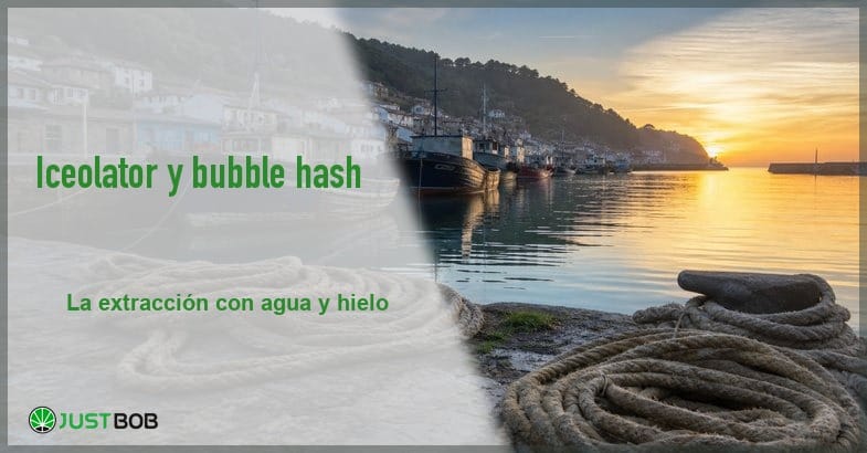 puerto-pesquero-cuerdas-canamo-amanecer Banner del artículo con el título en verde y el logotipo Justbob, y a la derecha un puerto pesquero al amanecer con cuerdas enrolladas en el muelle