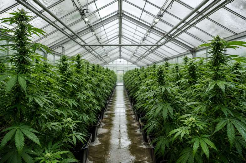 invernadero-canamo-hileras-cultivo Interior de un invernadero con largas hileras de plantas de cáñamo a ambos lados de un pasillo central, bajo un techo de vidrio con condensación
