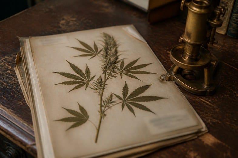 herbario-antiguo-ejemplar-canamo-prensado Pliego de herbario antiguo con un ejemplar prensado de cáñamo junto a un microscopio de latón sobre un escritorio de madera oscura