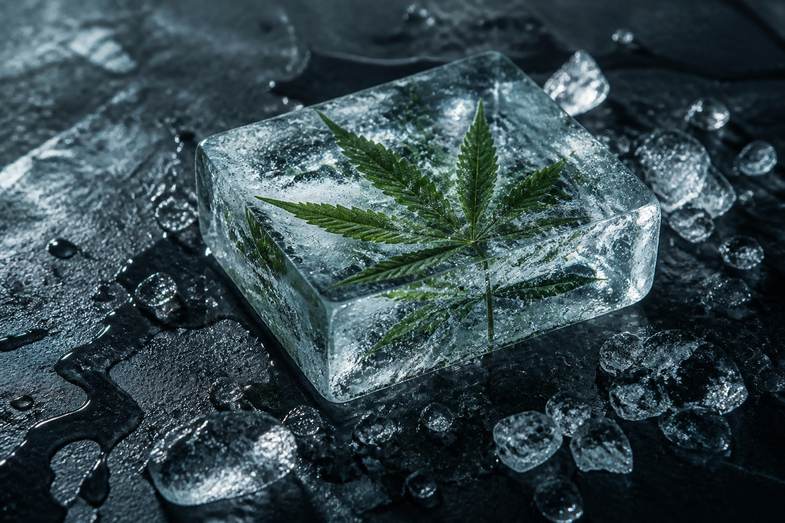 hielo-hoja-canamo-pizarra-oscura Bloque de hielo transparente con una hoja de cáñamo congelada en su interior, sobre una superficie de pizarra oscura y mojada