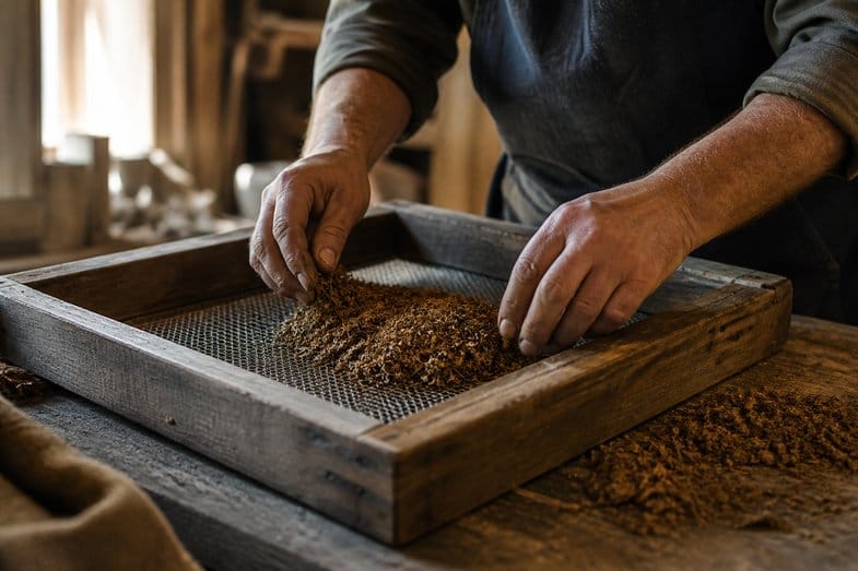tamizado-artesanal-taller-canamo Manos de un adulto trabajando material vegetal seco sobre un tamiz de bastidor de madera y malla metálica, en el banco de un taller rústico