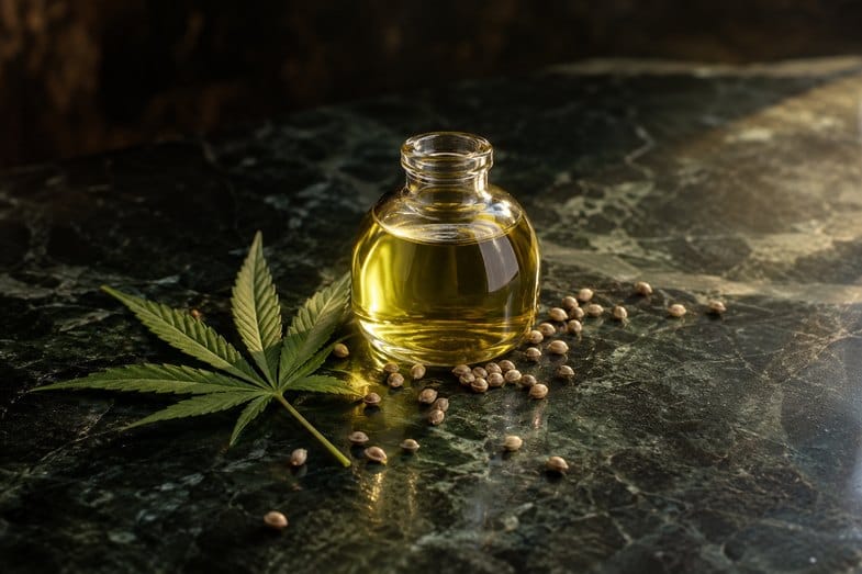 frasco-vidrio-aceite-semillas-de-canamo Frasco de vidrio con aceite dorado verdoso, semillas de cáñamo y una hoja sobre una losa de mármol verde