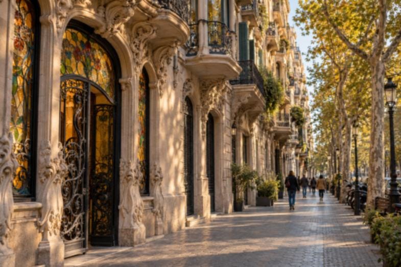 calle-barcelona-fachadas-modernistas Calle de Barcelona con fachadas modernistas de piedra labrada, vidrieras de colores y balcones de forja