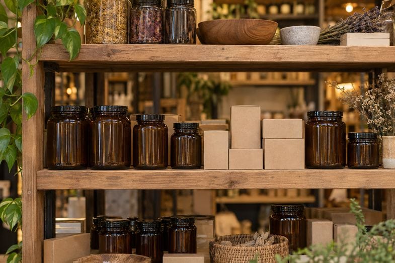 Estantería de madera de herbolario con tarros de vidrio ámbar y cajas de cartón kraft sin etiquetar, junto a plantas