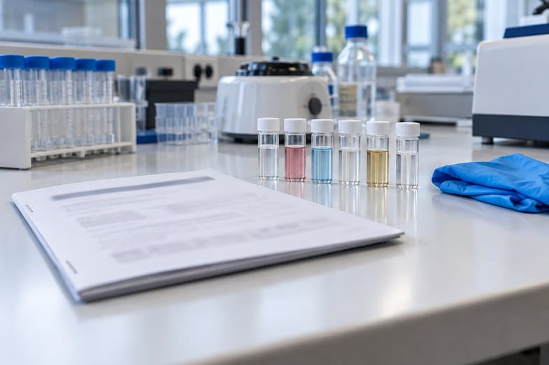 Informe impreso grapado sobre un banco de laboratorio blanco, junto a viales de muestra y guantes azules