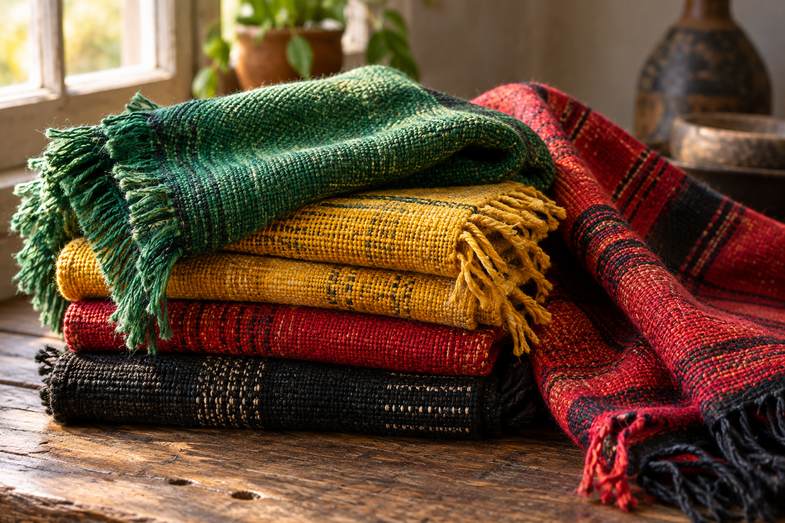 Telas de trama gruesa con flecos, en verde, amarillo, rojo y negro, apiladas sobre una mesa