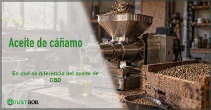 Banner del artículo con título verde y logo Justbob; a la derecha, una prensa de aceite y un tarro con aceite dorado