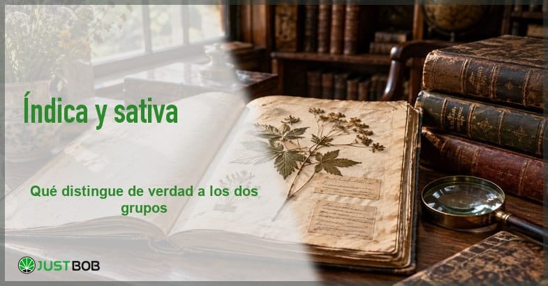 banner-indica-sativa-herbario-antiguo Banner del artículo con título verde y logo Justbob; a la derecha, un herbario antiguo abierto sobre una mesa