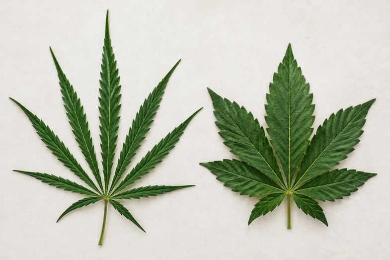 comparacion-hojas-foliolos-estrechos-anchos Dos hojas de cannabis sobre fondo claro, una de foliolos estrechos y otra de foliolos anchos y cortos
