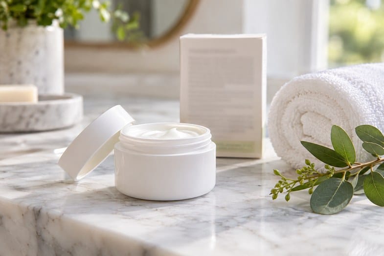 tarro-cosmetico-blanco-estuche-marmol Tarro cosmético blanco abierto y su estuche de cartón sobre una encimera de mármol, con una toalla enrollada