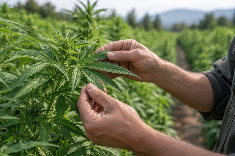 Manos adultas sosteniendo una hoja palmeada de cannabis todavía unida a la planta en un campo de cultivo