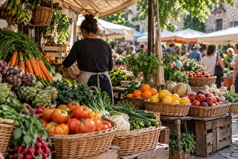Puesto de mercado al aire libre con fruta y verdura en cestas de mimbre y una vendedora de espaldas