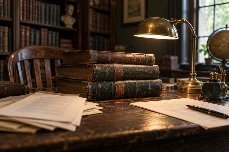 volumenes-juridicos-encuadernados-escritorio Volúmenes jurídicos encuadernados en piel y hojas impresas sobre un escritorio de madera con una lámpara de latón