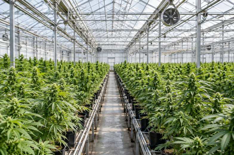plantas-cannabis-invernadero-hileras-luz Hileras de plantas de cannabis en un invernadero luminoso, con estructura metálica y luz difusa cenital