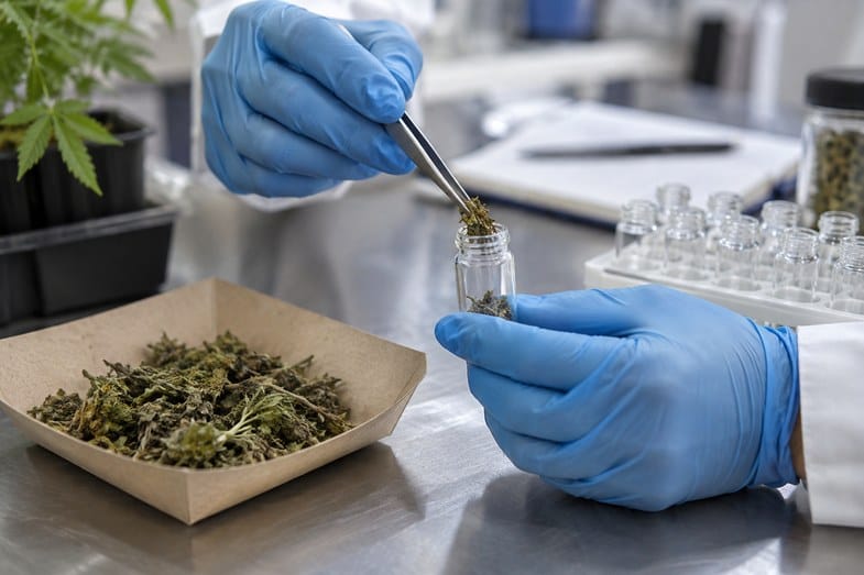 manos-con-guantes-vial-muestra-canamo Manos con guantes azules pasando material vegetal seco de cáñamo a un vial de vidrio con unas pinzas