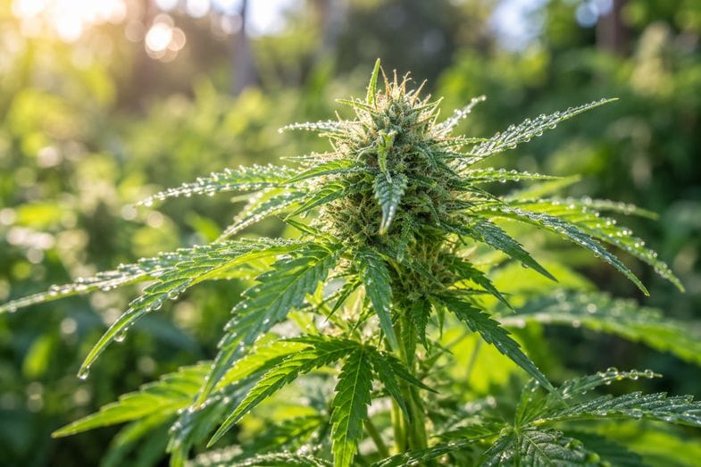 Cogollo de una planta de cáñamo viva con gotas de rocío sobre las hojas dentadas y los tricomas jóvenes