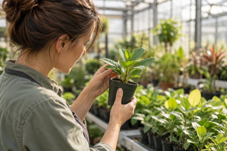 cannabis-ruderalis-botanico-invernadero Persona adulta observando con atención una planta joven de hojas verdes en un invernadero luminoso, con macetas al fondo