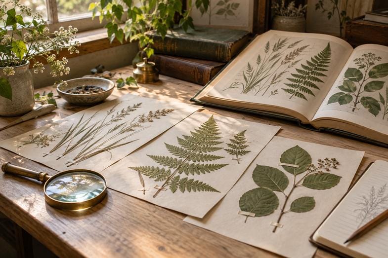 cannabis-ruderalis-herbario-clasificacion Pliegos de herbario con plantas prensadas, una lupa y un cuaderno sobre una mesa de madera, en un estudio botánico