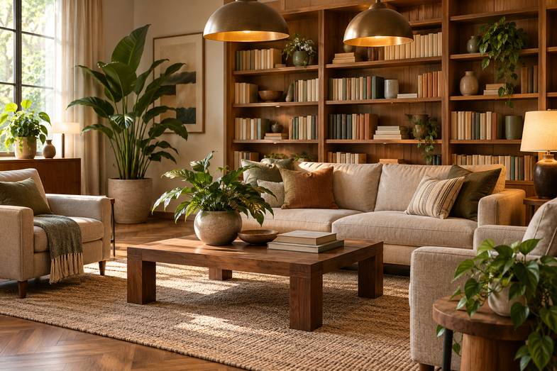 coffee-shop-madrid-espacio-privado Interior cálido de una sala privada con sofás, una mesa baja de madera, estanterías con libros y plantas, sin personas