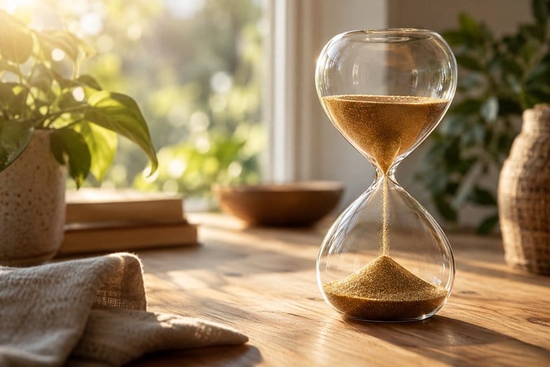 cuanto-dura-efecto-marihuana-reloj-arena Reloj de arena de cristal con arena dorada cayendo, sobre una mesa de madera junto a una ventana