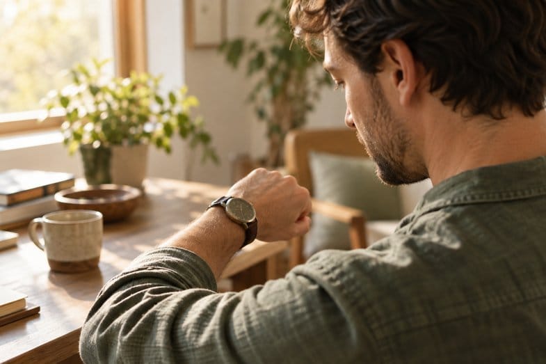 cuanto-dura-efecto-marihuana-reloj-muneca Persona adulta, vista por encima del hombro, mirando la hora en un reloj de pulsera analógico, en un interior luminoso
